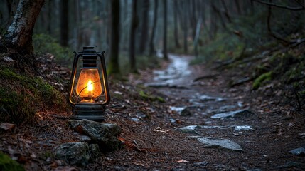 Wall Mural - Ancient oil lamp illuminating dark forest path tranquil nature scene evening mood warm glow mystical atmosphere