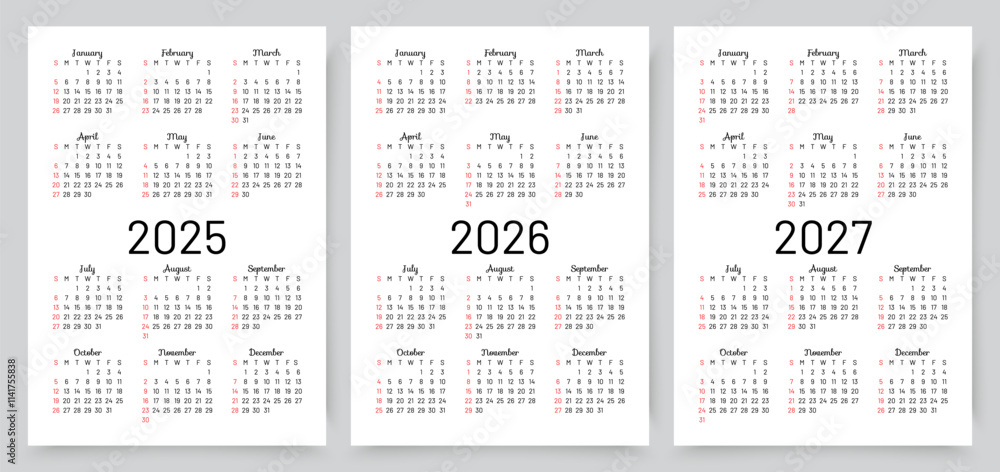 2025, 2026, 2027 calendars. Calender template. Yearly organizer with 12 ...