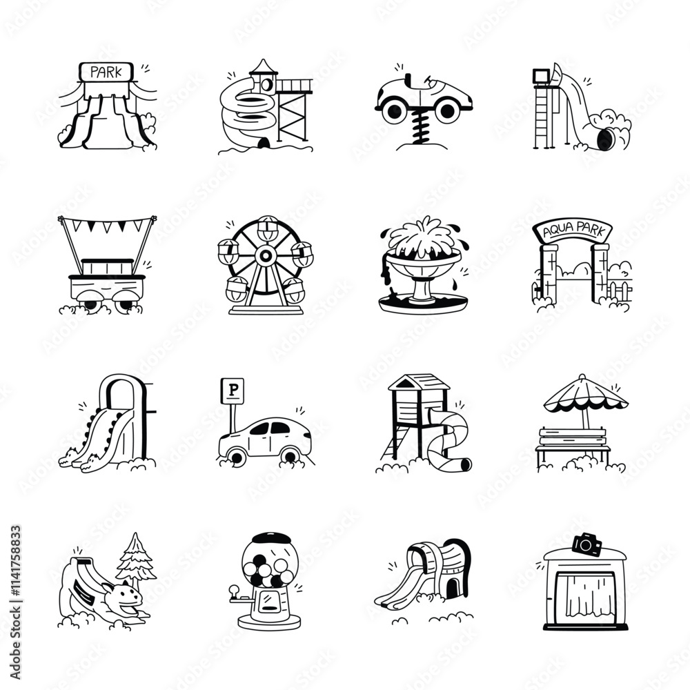 This set of black and white line art icons depicts various amusement ...