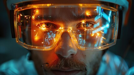 Close-up of a man wearing futuristic glasses with a digital interface
