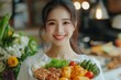 © Rising Monk - Asia healthy beautiful blogger influencer showing plant-based protein whey product on her live streaming channel to viral marketing brand online in wellness group, Generative AI