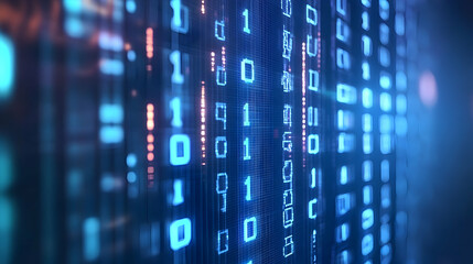 abstract digital data stream background with glowing binary code.