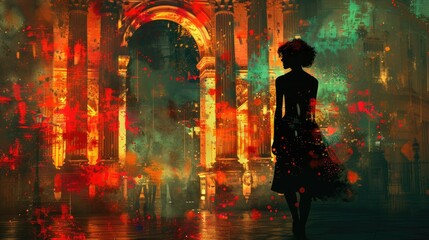 Wall Mural - A silhouette of a woman stands against a vibrant, abstract backdrop of colors and light.