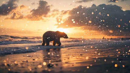 Wall Mural - polar bear walking on beach at sunset, snow falling.