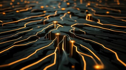 Aufkleber - Abstract digital landscape with glowing lines and illuminated points representing connections and data flow in a technological environment