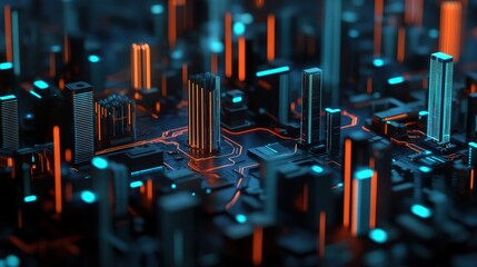 Poster - Futuristic Cityscape with Neon Lights and Circuit Board Patterns, Representing Technology, Innovation, and Urban Development in a Digital World