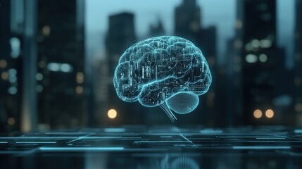 Aufkleber - Futuristic Visualization of a Digital Brain Floating Above a High-Tech Urban Landscape, Emphasizing Artificial Intelligence and Neural Network Concepts for Innovative Technology Designs