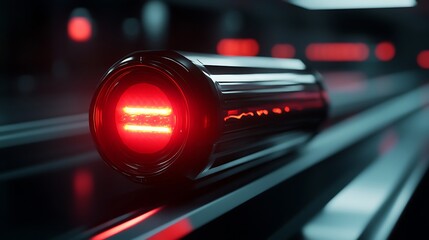 Canvas Print - Futuristic red glowing cylindrical device on a conveyor belt.