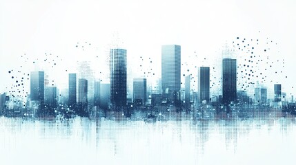 Modern digital city skyline composed of light blue dots on white background, flat design minimalistic vector illustration, simple shapes high resolution no shadows gradients or noise.