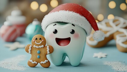 Wall Mural - A cute tooth character wearing a Santa hat and holding a gingerbread man, on a light blue background, in a minimalistic style