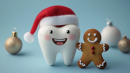 Poster - A cute tooth character wearing a Santa hat, next to a gingerbread man, on a light blue background