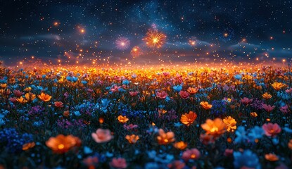 Poster - A field of flowers under the starry night sky, with colorful fireworks lighting up in the distance. 