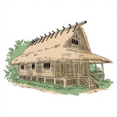 Canvas Print - Thatched Roof House With Wooden Structure And Steps