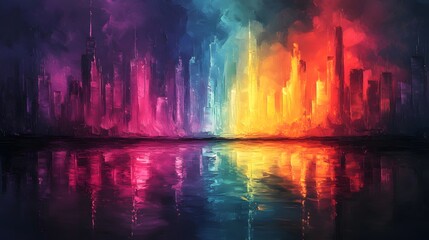 Sticker - Abstract oil painting background with rainbow colors, a cityscape with a rainbow