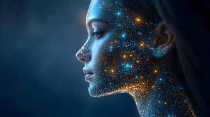 A woman's face is covered in glitter, giving it a futuristic