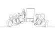 © Yossakorn - Continuous one line drawing of female employee raising hand to ask question in work meeting, presentation with Q&A concept, single line art