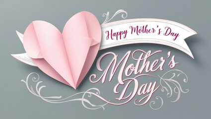 mother's day greeting card. banner with lovely pink paper heart. symbol of love and calligraphy text