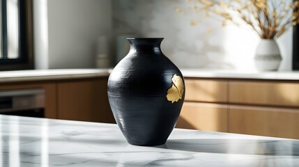 Charcoal black clay vase with gold repairs on a minimalist marble countertop, showcasing the blend of traditional and modern kitchen decor