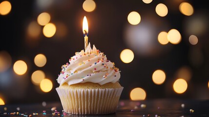 Wall Mural - Delicious birthday cupcake with a burning candle, surrounded by festive atmosphere and soft blurred lights in the background, perfect for celebrations, party invitations, and festive event designs.