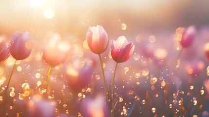 Canvas Print - Pink tulips in a field at sunset, with bokeh and water droplets.