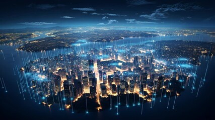 Poster - Cityscape of Connectivity: A mesmerizing aerial view of a sprawling metropolis at night, illuminated by a network of glowing lines that represent the interconnectedness of modern life.