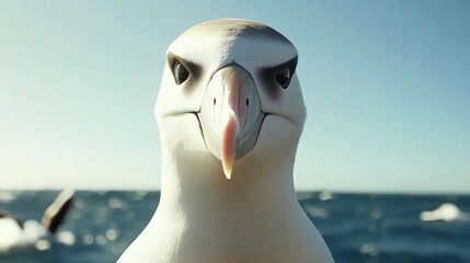 Wall Mural - Close-up of a striking black browed albatross with piercing gaze against ocean backdrop and clear sky showcasing its majestic features