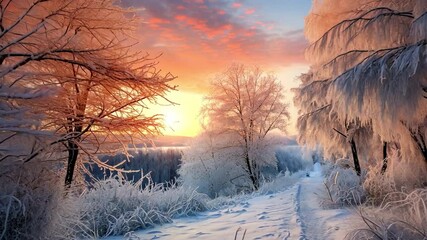 Poster - Winter Sunrise Path: A breathtaking winter landscape unfolds, where a snow-covered path winds through frost-kissed trees bathed in the warm glow of a vibrant sunrise. Serene and magical. 