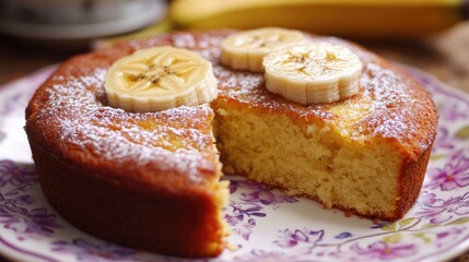 Delicious banana cake with crispy crust and moist center served on a floral plate garnished with banana slices for an inviting dessert treat