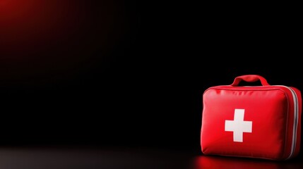 A red first aid kit with a white cross on a dark background, symbolizing emergency preparedness and health care.