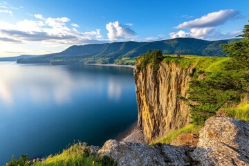 a cliffside viewpoint overlooking a fjord at golden hour, with warm light bathing the rocky terrain 