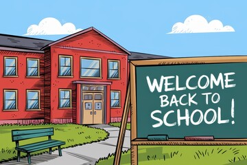 Wall Mural - Welcome Back To School Scene With Building And Chalkboard