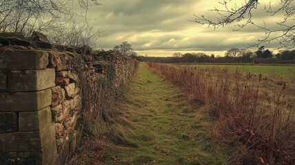 Remnants of the old priory in Southwick with a view along the remaining wall surrounded by overgrown grass and fields under a cloudy sky