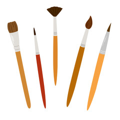 Paint brushes kit for drawing. Painting tools, art supplies. Paintbrushes of different size, shape, type, kind. Flat vector illustration isolated on white background