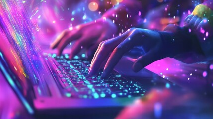 Close-up of hands typing on a laptop keyboard in vibrant, digital light.