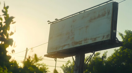 Wall Mural - Old, weathered billboard at sunset, partially obscured by foliage.