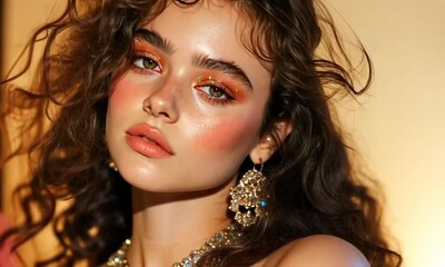 Wall Mural - A young woman with curly hair and vibrant makeup, adorned with jewelry.