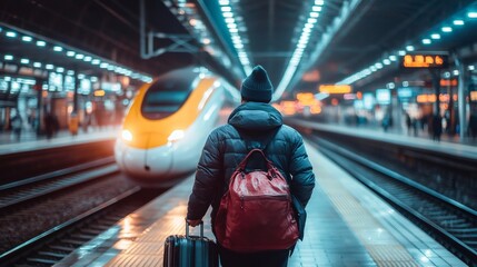 Tourist walking with luggage and backpack at night in train station approaching arriving train