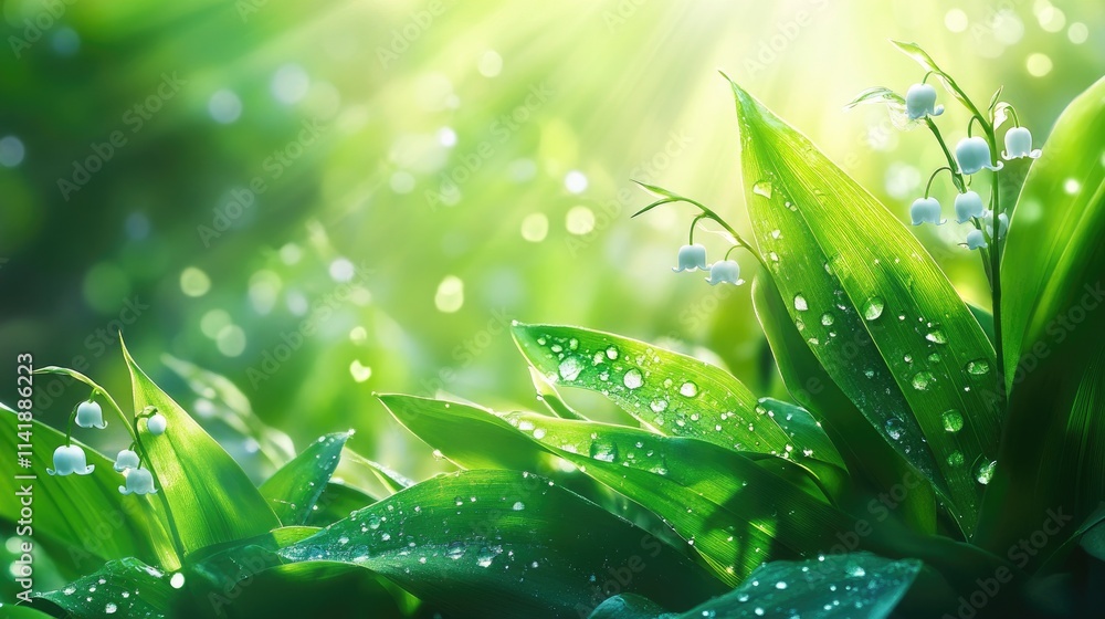Beautiful Lily of the Valley flowers with dew drops on their green ...