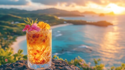 Wall Mural - A refreshing tropical drink garnished with flowers and citrus sits on a rock overlooking a stunning beach at sunset. The vibrant colors and scenic view create a perfect atmosphere for relaxation 