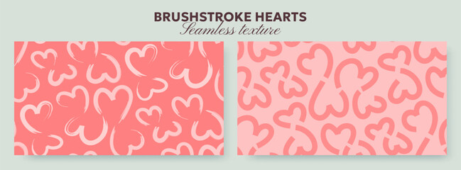 Seamless texture of brush painted hearts in two variations. Hand drawn pattern, bold line heart shapes. Romantic abstract background in pastel colors, Valentine's Day design for print, packaging.