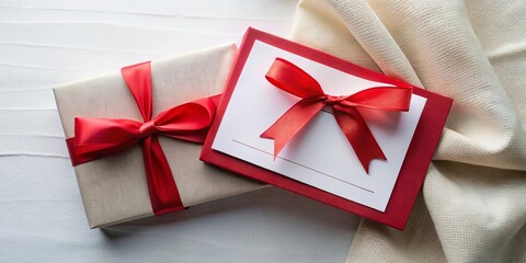 Wall Mural - Elegant beige gift box with a red ribbon and a red gift card with a red bow