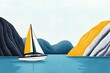 © Sanchai - A simple depiction of a sailboat on a fjord, drawn with geometric shapes and muted tones, emphasizing tranquility and elegance