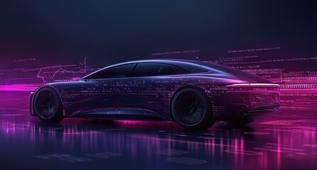Wall Mural - a car with an abstract background of digital data and code, symbolizing the integration of technolog