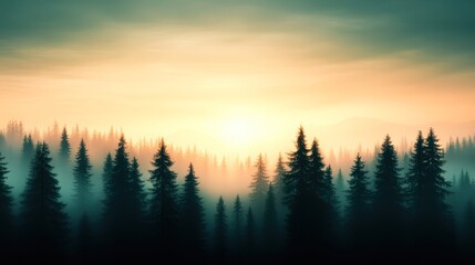 Canvas Print - A serene forest landscape at sunrise, with tall evergreen trees shrouded in mist and soft sunlight illuminating the horizon, Ideal for nature-themed projects, backgrounds, or calming designs,