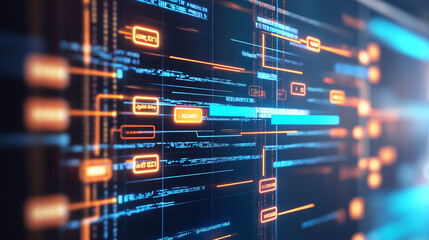 Close-up of computer screen showing software update notification with progress bar, blurred code and technical icons, symbolizing software maintenance and security.