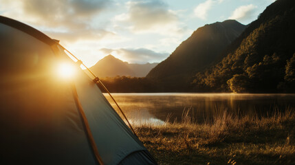 Wall Mural - sunset illuminates a tranquil lake and mountain landscape near a campsite in nature