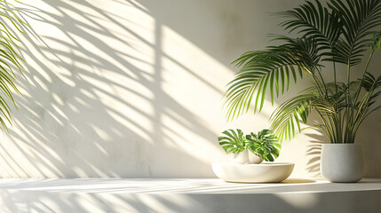 Wall Mural - Minimalist interior with green plants casting shadows on white wall