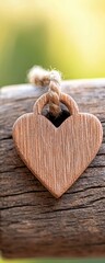 Wall Mural - A wooden heart-shaped pendant hangs from a rustic rope, resting on a textured log with a soft, blurred green background.