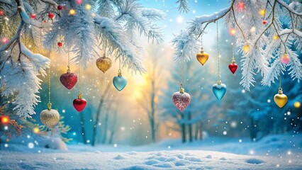 Sticker - Winter Wonderland Heart-Shaped Ornaments Adorn a Snowy Pine Branch