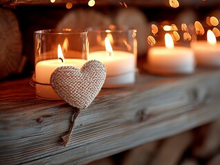 Wall Mural - A serene display of glowing candles and a heart decoration, evoking warmth and a cozy ambiance.